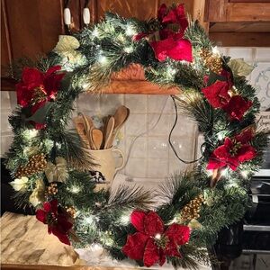 Festive Red Poinsettia LED Holiday Wreath - Home Holiday